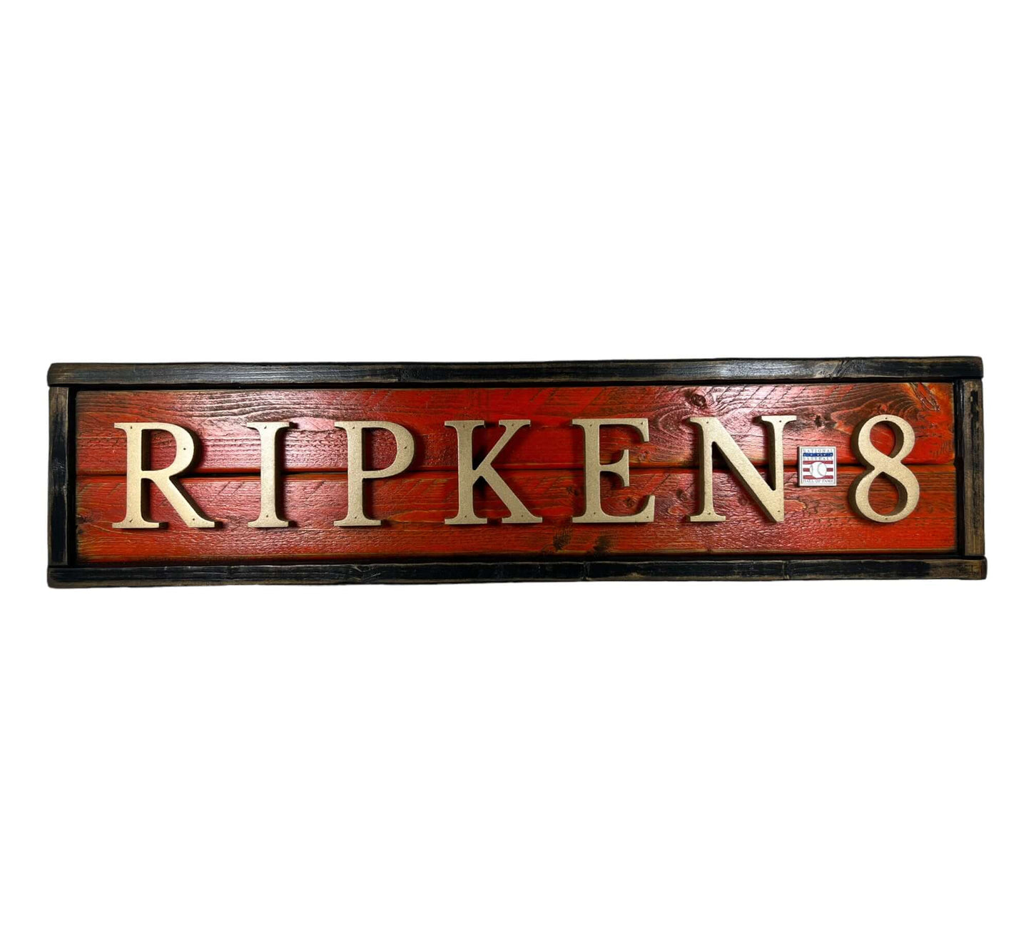 Hand Crafted Wooden baseball nameplate with Cal Ripken Jr. #8. Made in USA.