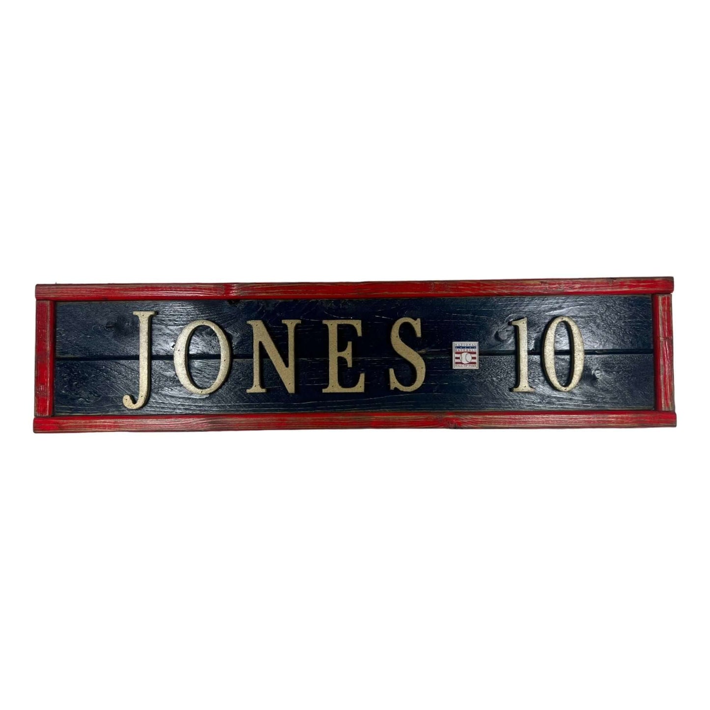 Hand Crafted Wooden baseball nameplate with Chipper Jones #10. Made in USA.