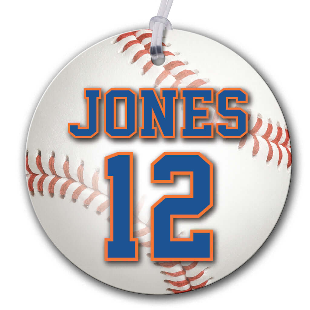 Personalized metal baseball hang tag ornament. 3.5″, includes name and number