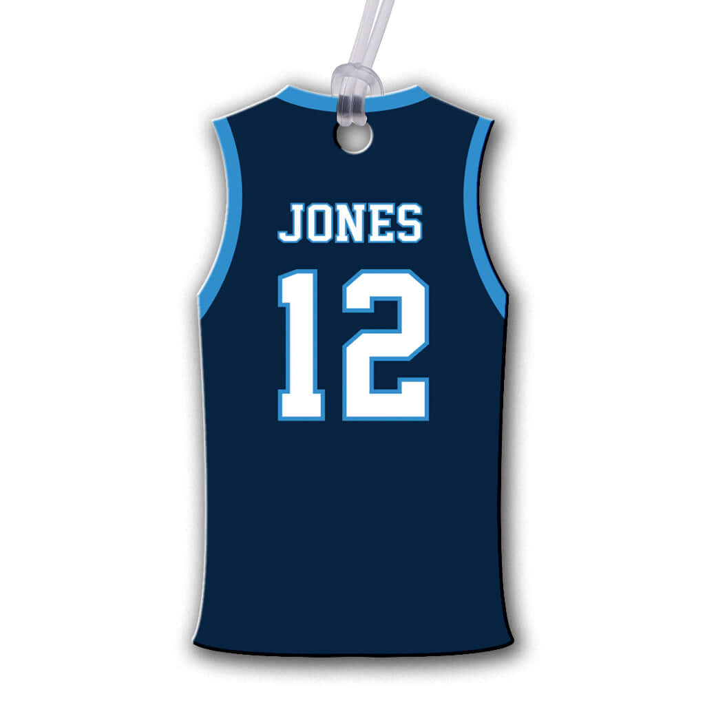 Personalized metal basketball jersey hang tag ornament. 3.5″, includes name and number