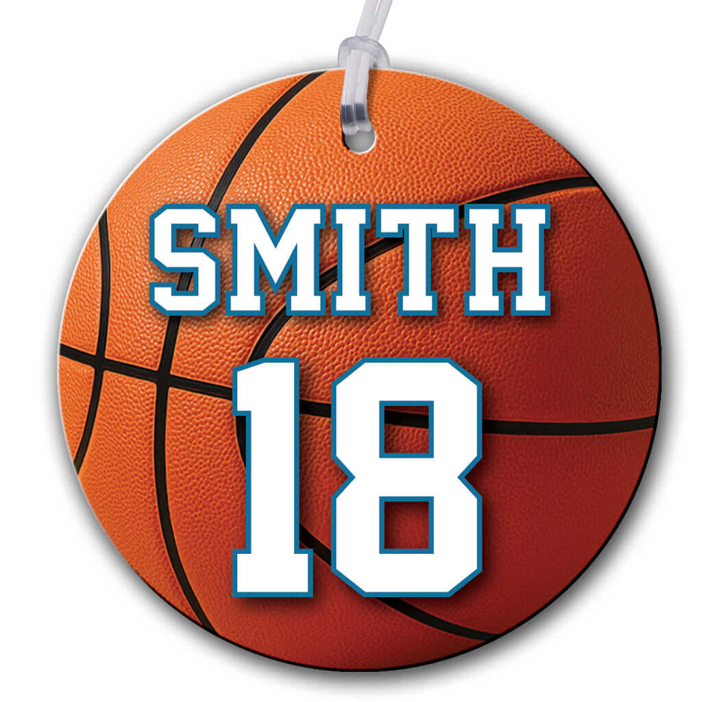 Personalized metal basketball hang tag ornament. 3.5″, includes name and number
