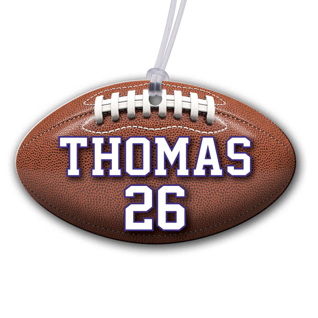 Personalized metal football hang tag ornament. 3.5″, includes name and number