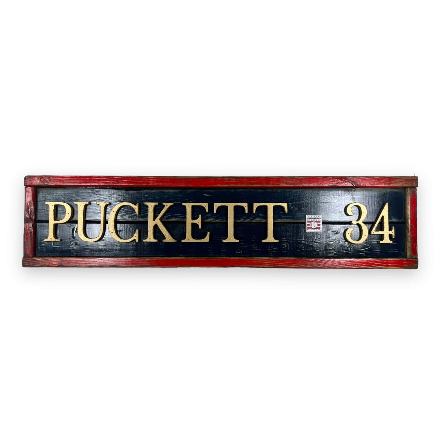 Hand Crafted Wooden baseball nameplate with Kirby Puckett #34. Made in USA.