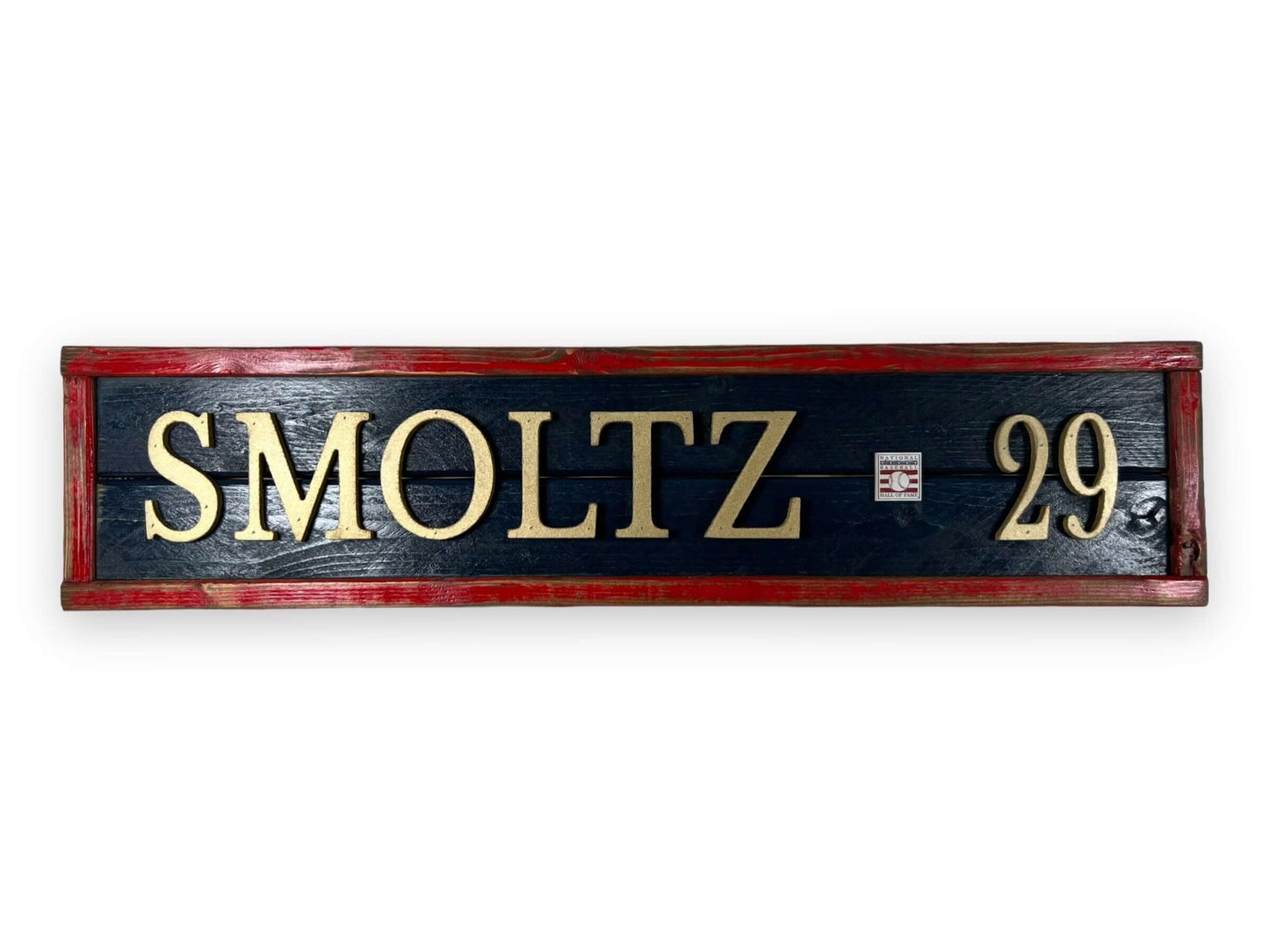 Hand Crafted Wooden baseball nameplate with John Smoltz #29. Made in USA.