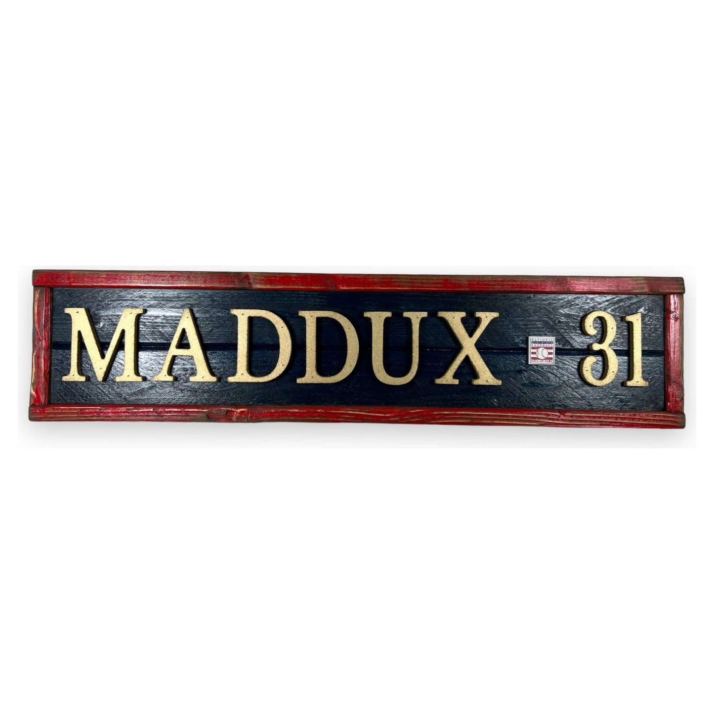 Hand Crafted Wooden baseball nameplate with Greg Maddux #31. Made in USA.