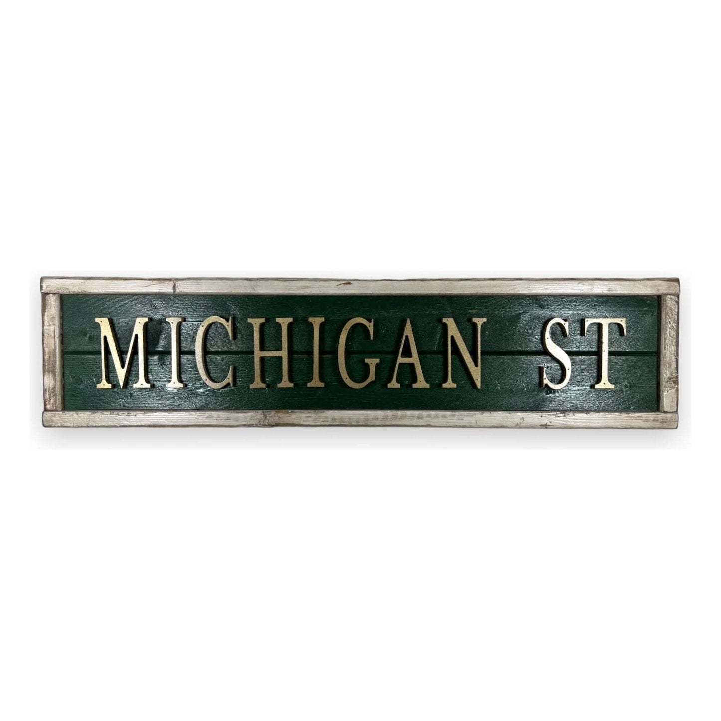 Hand Crafted Wooden nameplate with Michigan St. Made in USA.