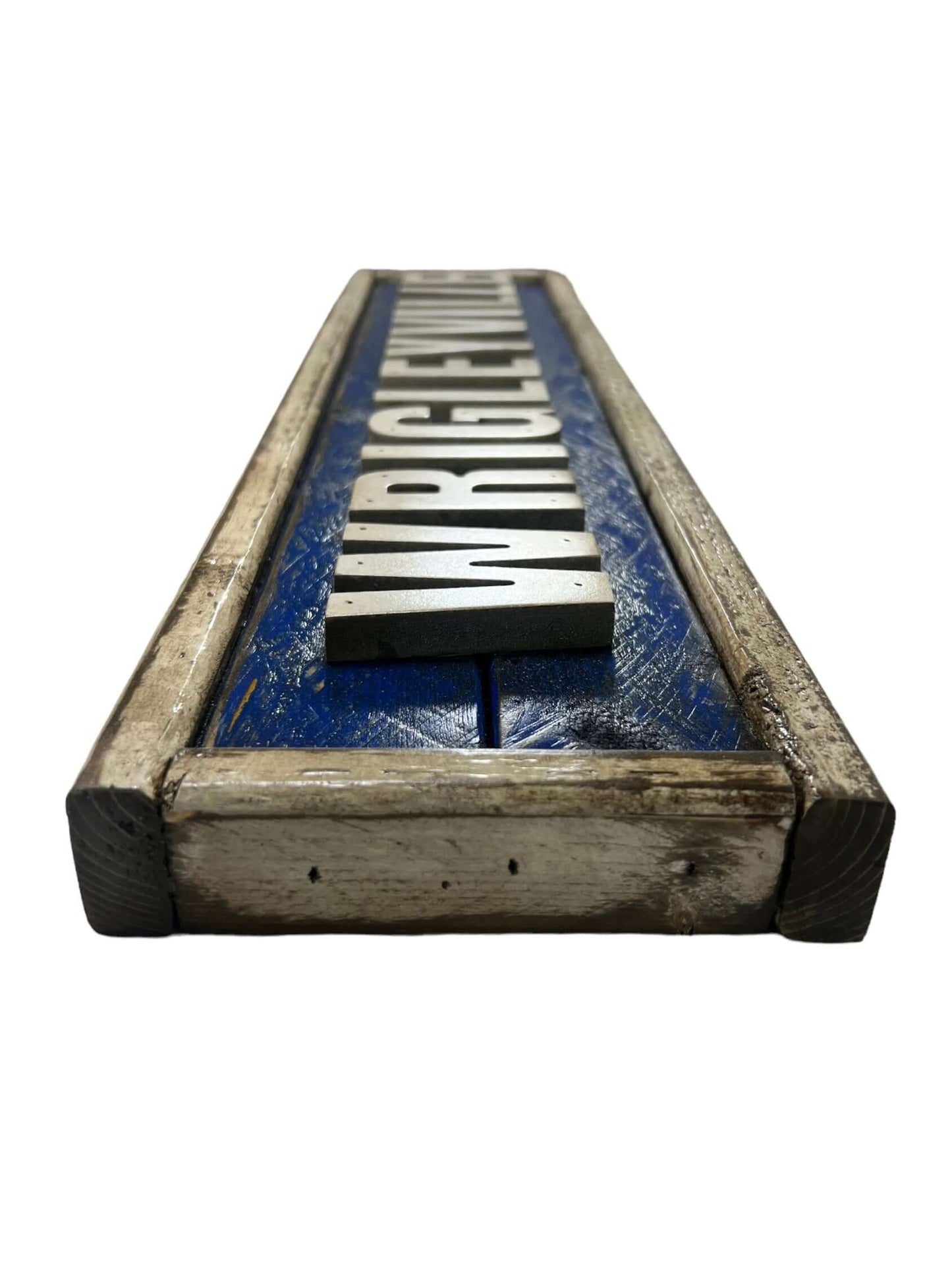 Hand Crafted Wooden Baseball nameplate with Wrigleyville. Made in USA.