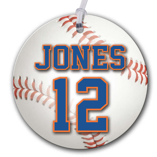 Personalized metal baseball hang tag ornament. 3.5″, includes name and number