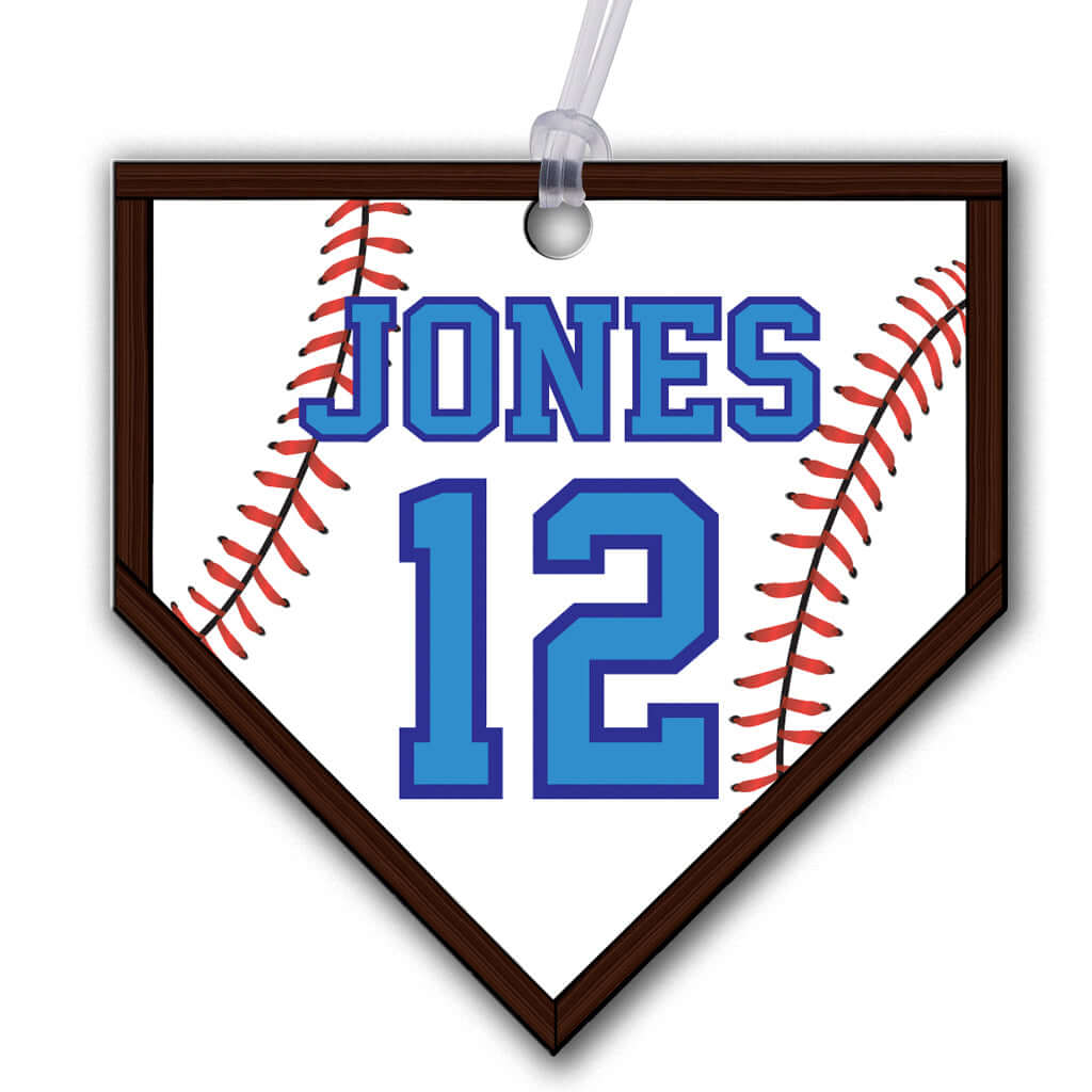 Personalized metal home plate hang tag ornament for baseball. 3.5″, includes name and number