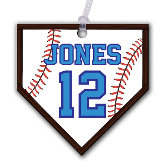 Personalized metal home plate hang tag ornament for baseball. 3.5″, includes name and number