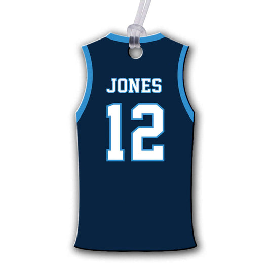 Personalized metal basketball jersey hang tag ornament. 3.5″, includes name and number