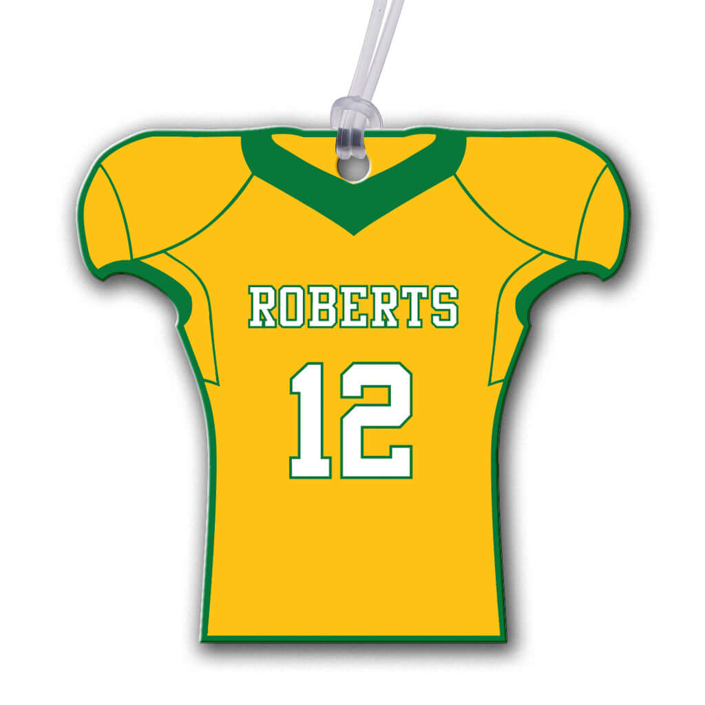 Personalized metal football jersey hang tag ornament. 3.5″, includes name and number
