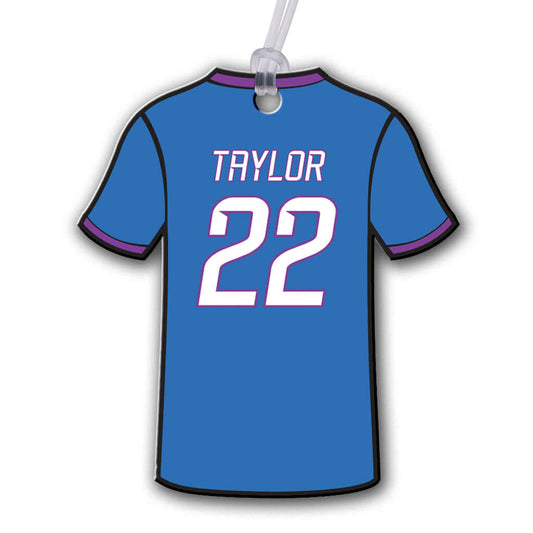 Personalized metal soccer jersey hang tag ornament. 3.5″, includes name and number