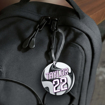 Personalized metal soccer ball hang tag ornament. 3.5″, includes name and number