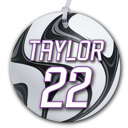 Personalized metal soccer ball hang tag ornament. 3.5″, includes name and number