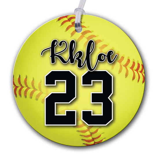 Personalized metal softball hang tag ornament. 3.5″, includes name and number