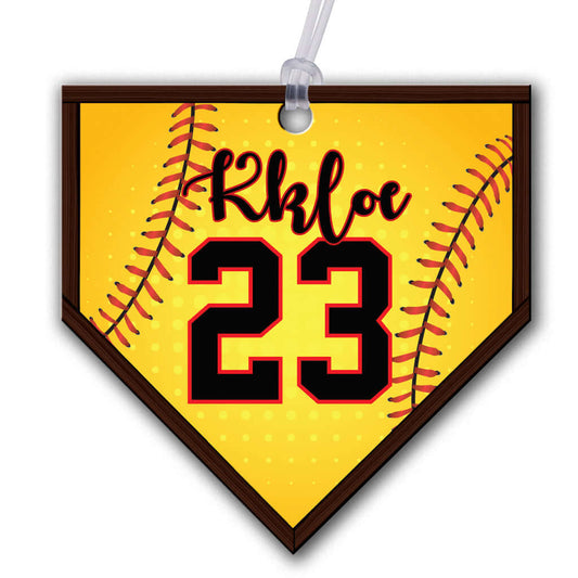 Personalized metal home plate hang tag ornament for softball. 3.5″, includes name and number