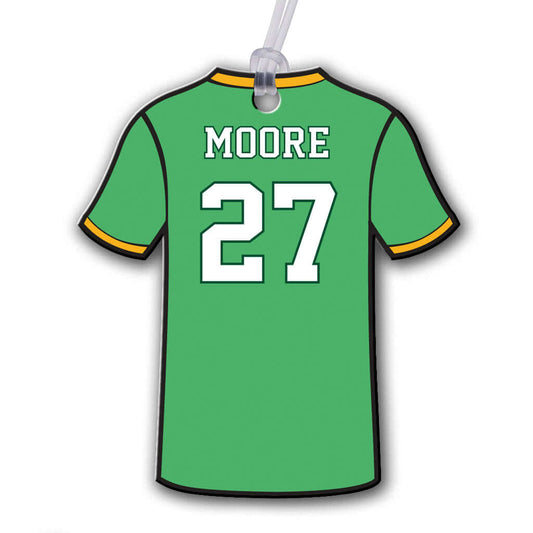 Personalized metal volleyball jersey hang tag ornament. 3.5″, includes name and number