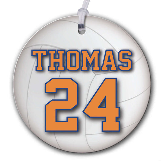 Personalized metal volleyball hang tag ornament. 3.5″, includes name and number